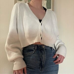 Lulus white drop shoulder cropped knit v-neck cardigan cuffed sleeves